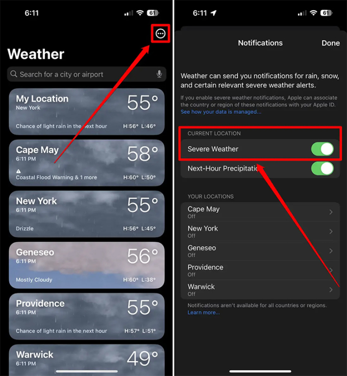Bật cảnh báo thời tiết khắc nghiệt trên iPhone chạy iOS 16.