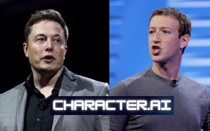 Elon Musk (trái) và Mark Zuckerberg với logo Character.AI.  Ảnh: Reuters/AP/Character.AI