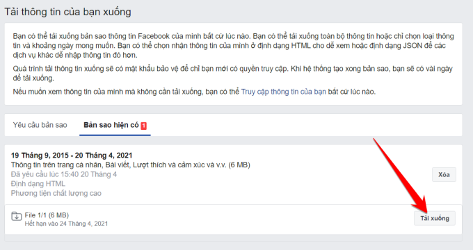 Sau khi quá trình tạo file hoàn tất, nút tải xuống sẽ xuất hiện trên tab Bản sao hiện có.