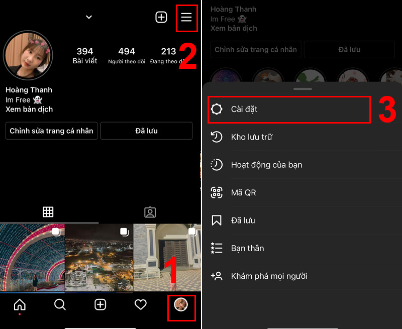 Chọn cài đặt trong giao diện hồ sơ Instagram