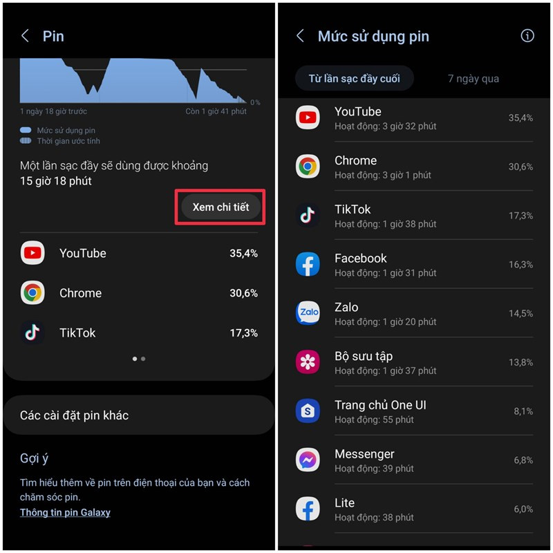 Chọn Xem chi tiết để theo dõi mức sử dụng pin chi tiết của ứng dụng 
