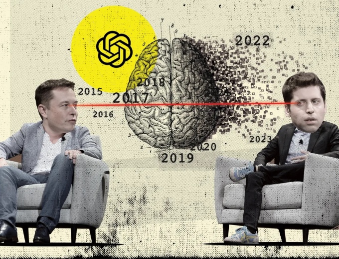 Elon Musk (trái) và Sam Altman (phải) là đồng sáng lập OpenAI. Minh họa: Semafor