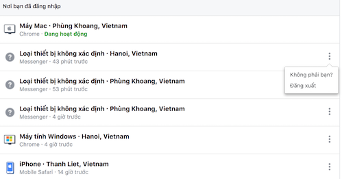 Danh sách các thiết bị và vị trí mà người dùng đăng nhập vào tài khoản Facebook của họ.