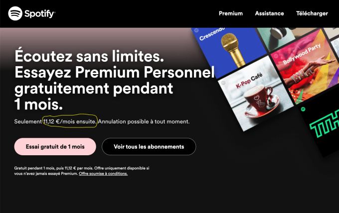 Spotify tăng giá đăng ký ở Pháp thêm 1,2% để phù hợp với thuế phát trực tuyến nhạc mới 2 Spotify tăng giá đăng ký ở Pháp thêm 1,2% để phù hợp với thuế phát trực tuyến nhạc mới Trang giá đăng ký của Spotify ở Pháp