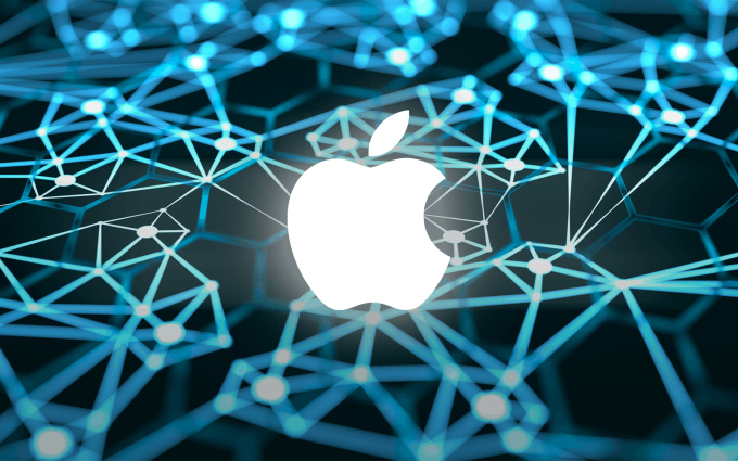 Logo Apple trên hình nền mô phỏng mạng lưới thần kinh. Ảnh: Megamac