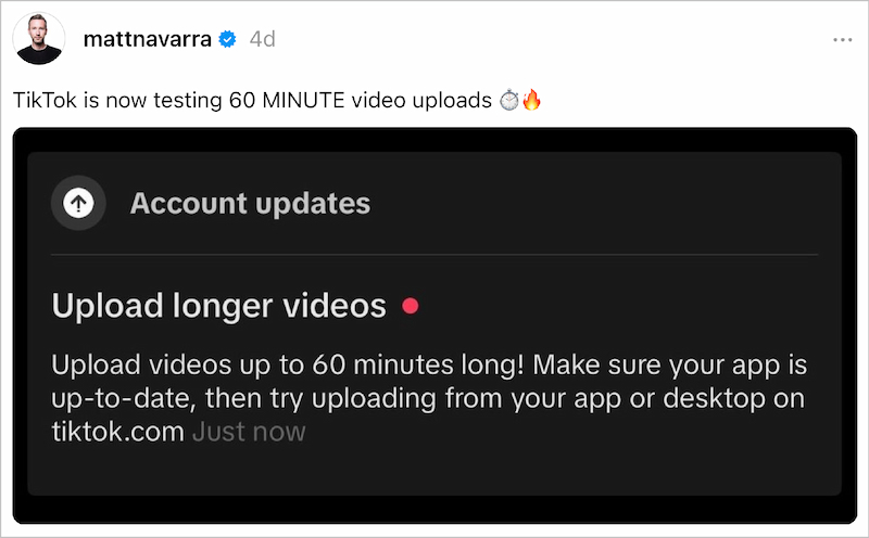 Bằng chứng cho thấy TikTok đã thử nghiệm video dài 60 phút