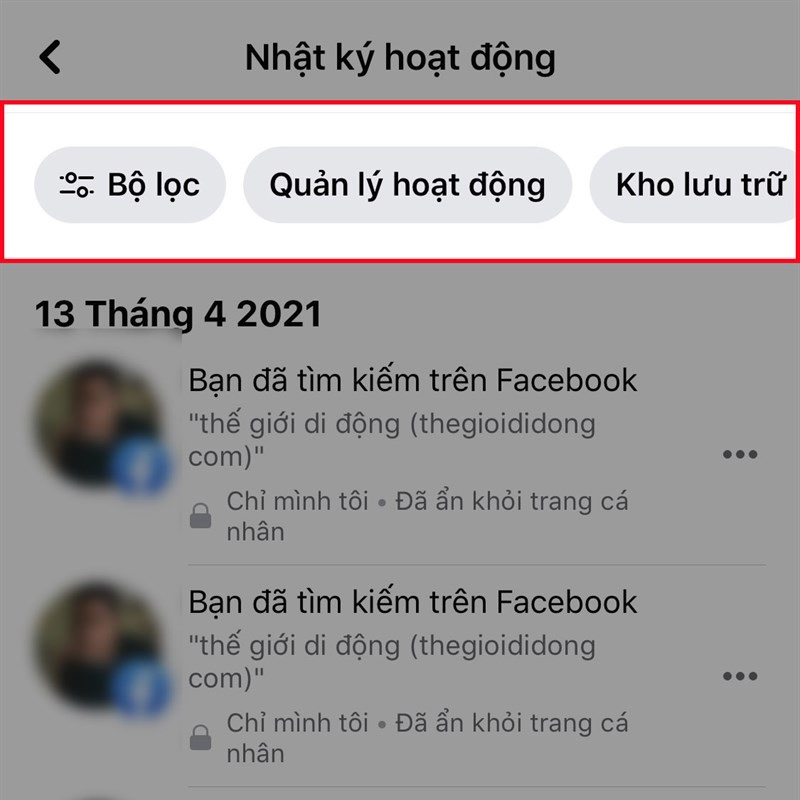 Tùy chọn trong nhật ký hoạt động