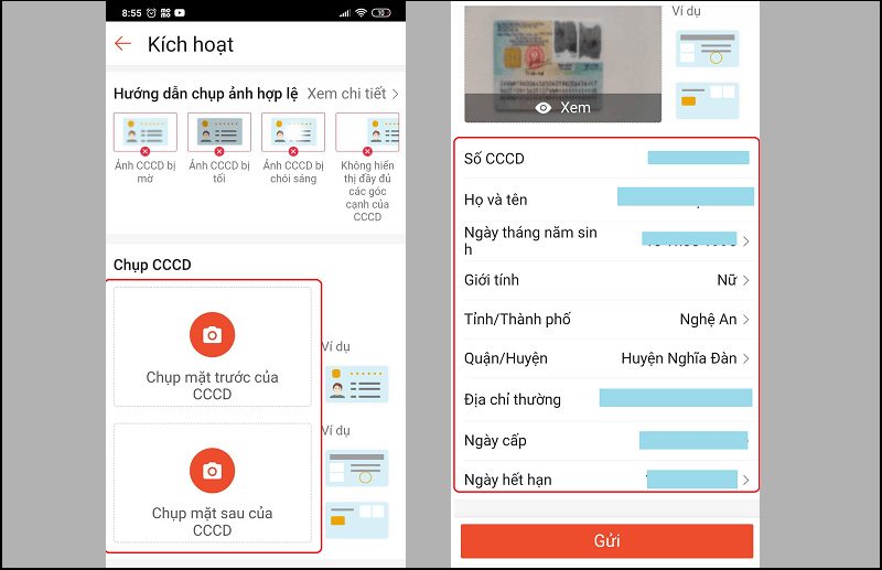 Cập nhật thông tin CCCD theo yêu cầu và nhấp vào Gửi khi hoàn tất.