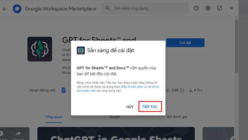 Nhấn Continue để cấp phép GPT cho sheet, tài liệu