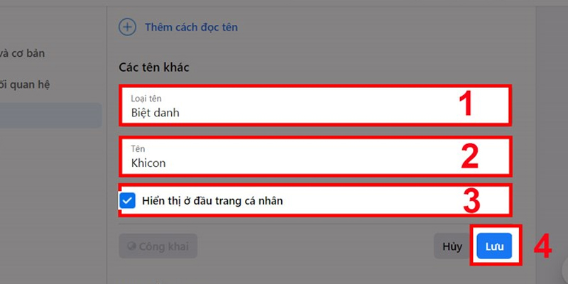 Chọn biệt hiệu, nhập tên, chọn Hiển thị ở đầu hồ sơ của bạn và nhấp vào Lưu