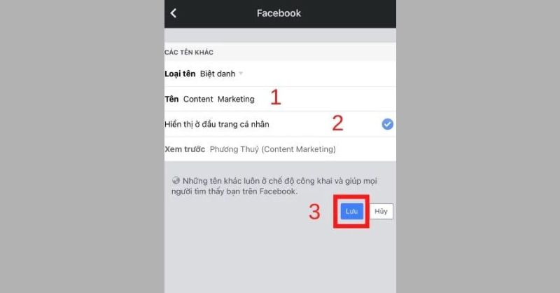 Chọn biệt hiệu, nhập tên Facebook của bạn, chọn Hiển thị ở đầu trang và nhấp vào Lưu