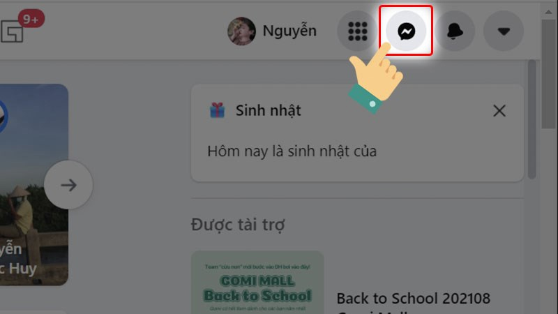 Chọn biểu tượng Messenger trên giao diện trang chủ Facebook