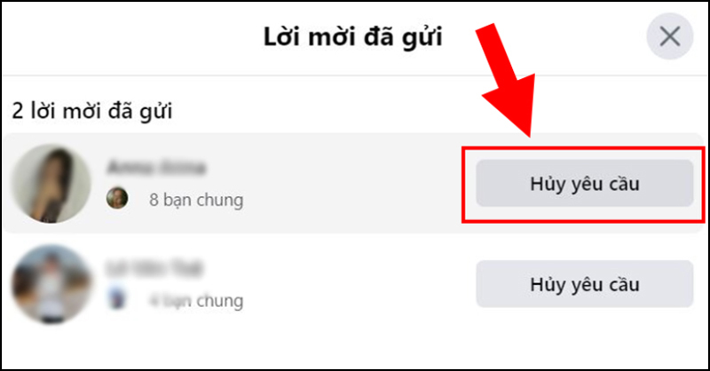 Tại tài khoản muốn xóa lời mời kết bạn bạn đã gửi chọn Cancel request