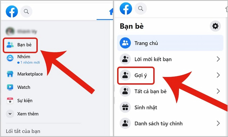 Chọn phần Gợi ý để xem gợi ý kết bạn trên Facebook