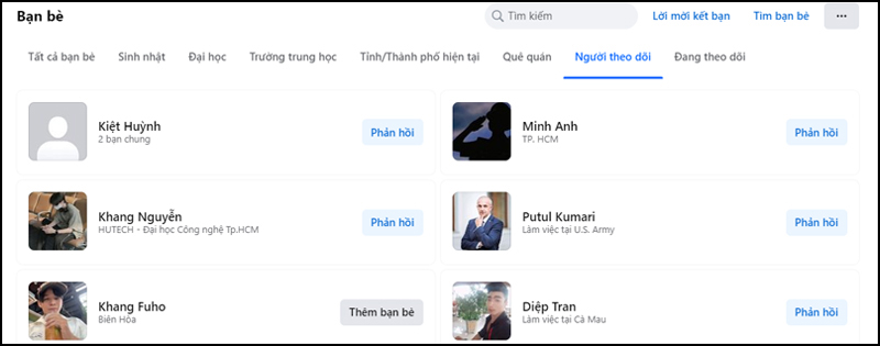 Chọn Người theo dõi để xem tất cả tài khoản Facebook đang theo dõi bạn