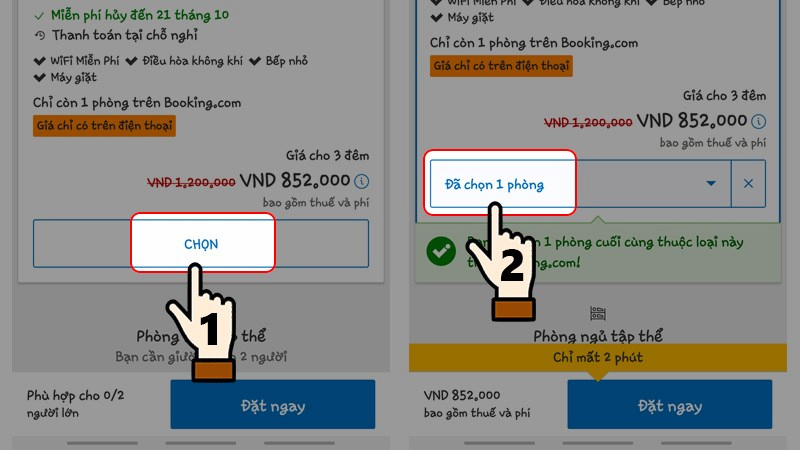 Chọn phòng và giường trên ứng dụng đặt phòng