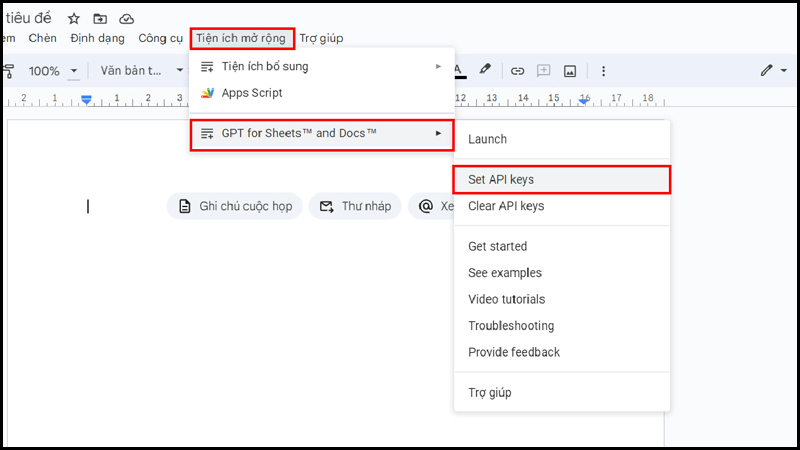 Chọn Đặt khóa API trong phần GPT của trang tính và tài liệu