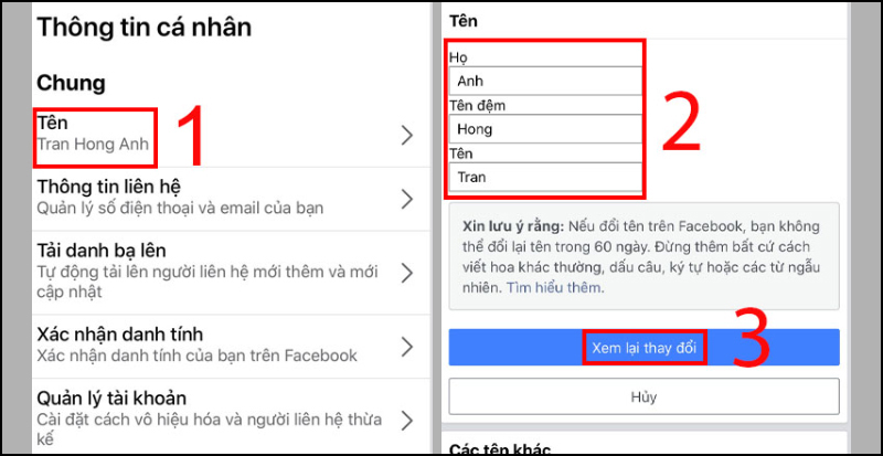 Chọn Tên, nhập tên Facebook bạn muốn và chọn Xem thay đổi