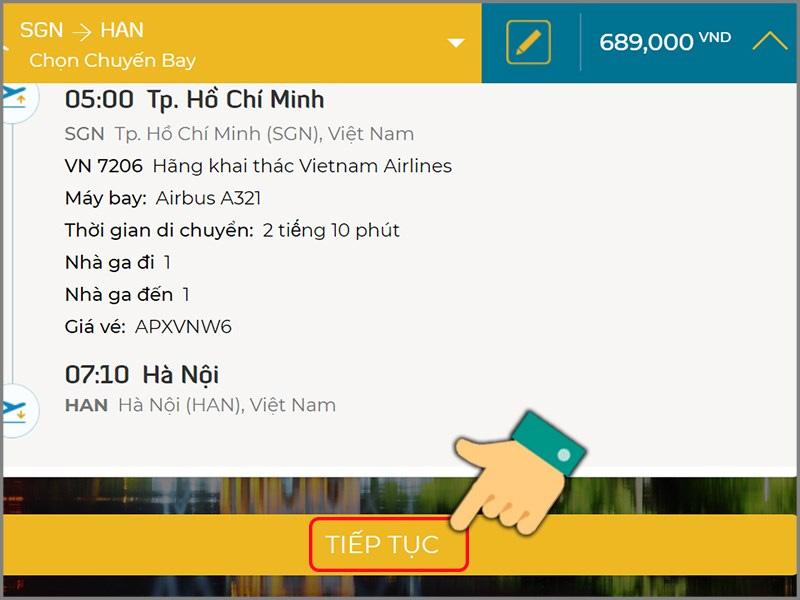 Kiểm tra thông tin chuyến bay của bạn và chọn Tiếp tục