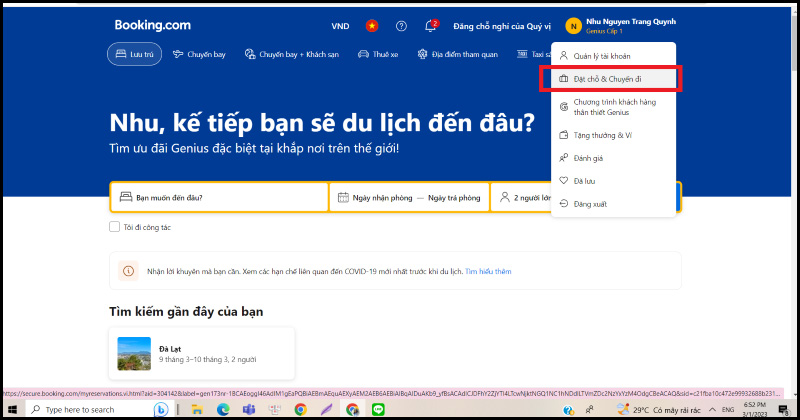Chọn phần Đặt chỗ và Chuyến đi