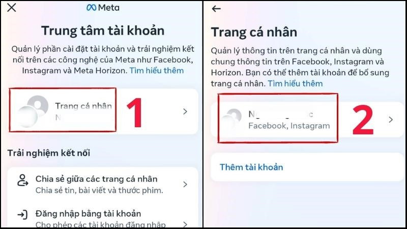 Chọn trang cá nhân của bạn và nhấn vào Tài khoản Facebook để đổi tên