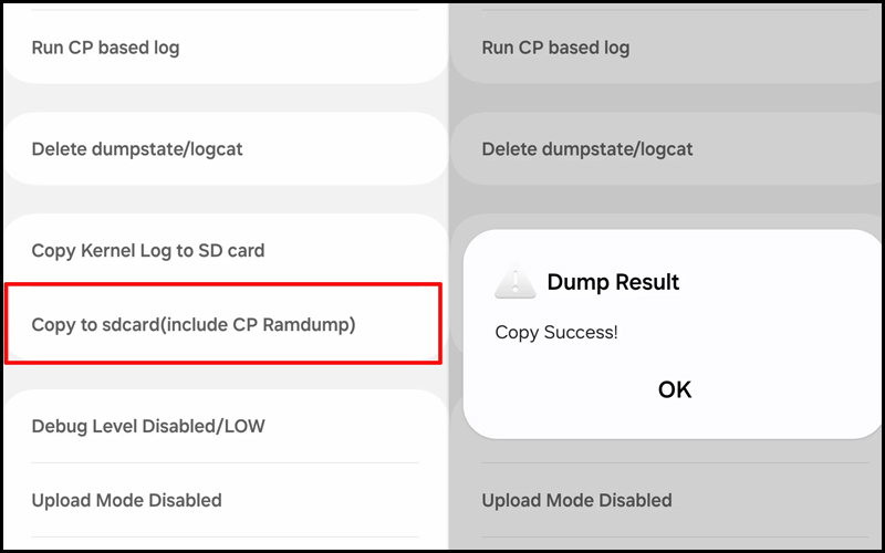 Tùy chọn sao chép vào thẻ SD (bao gồm CP Ramdump)