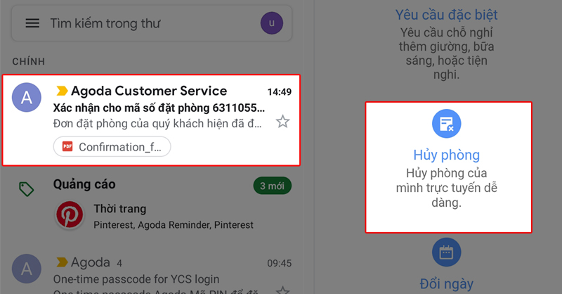 Chọn Hủy trong email xác nhận đặt phòng của bạn