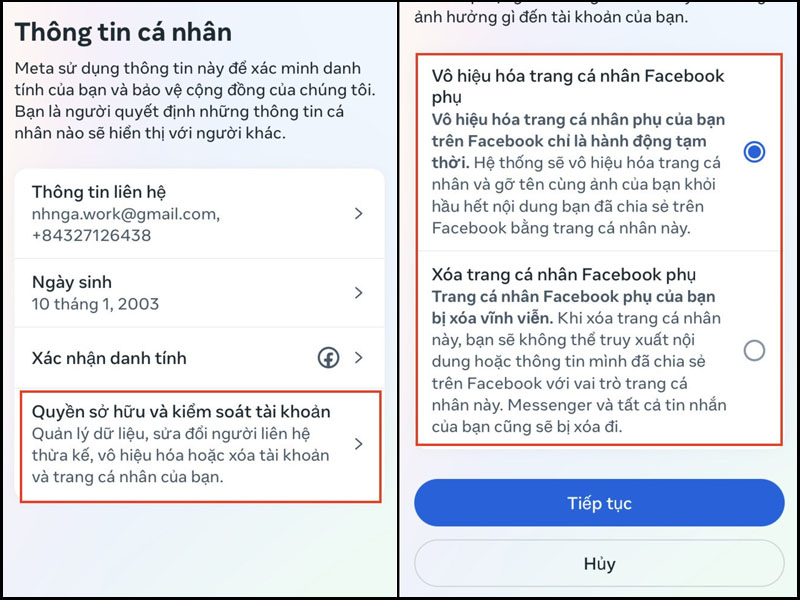 Chọn xóa hoặc vô hiệu hóa hồ sơ phụ Facebook của bạn