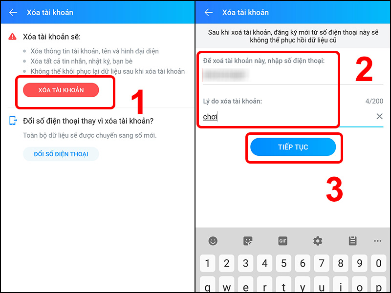 Chọn Xóa tài khoản, nhập số điện thoại, lý do xóa tài khoản và nhấn Tiếp tục
