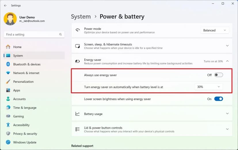 PC with battery enable Energy Saver