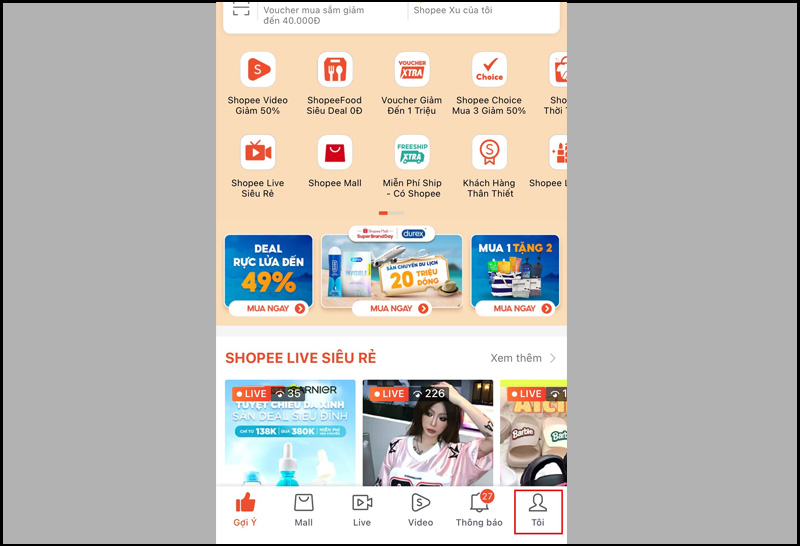 Mở ứng dụng Shopee và nhấn vào tùy chọn 