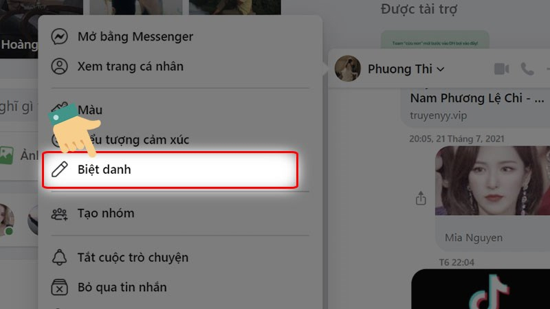 Người dùng nhấp vào tùy chọn biệt hiệu