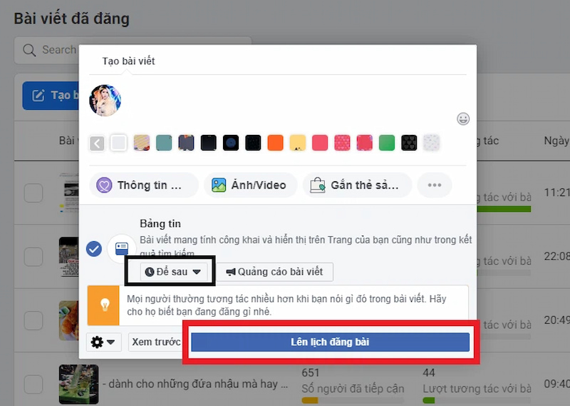 Nhấn Lên lịch đăng bài để hoàn tất