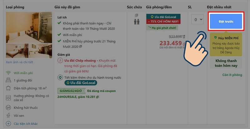 Bấm vào Đặt trước để đặt phòng khách sạn