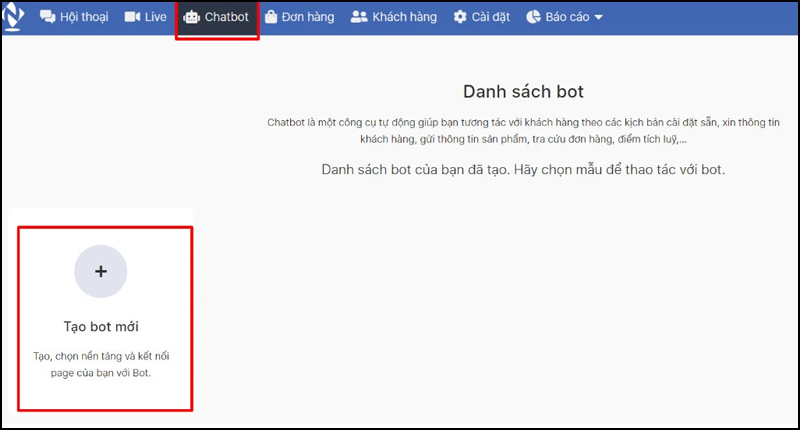 Nhấp vào tùy chọn Chatbot và chọn Tạo chatbot mới