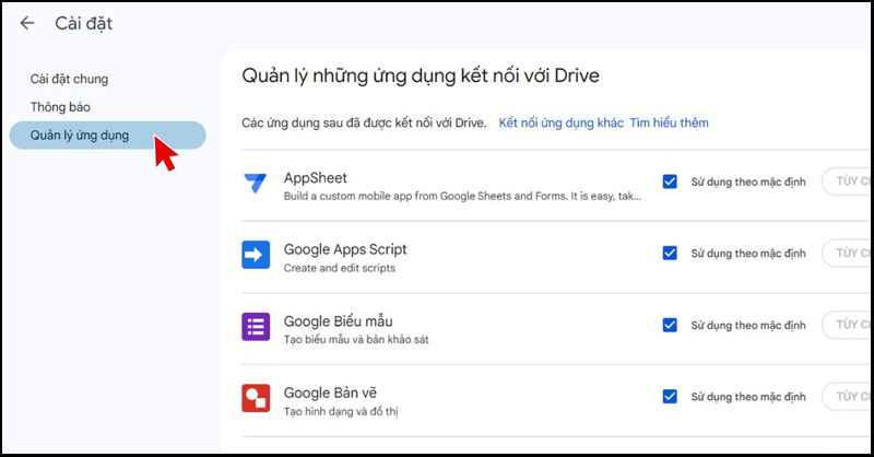 Quản lý ứng dụng được liên kết trên Google Drive