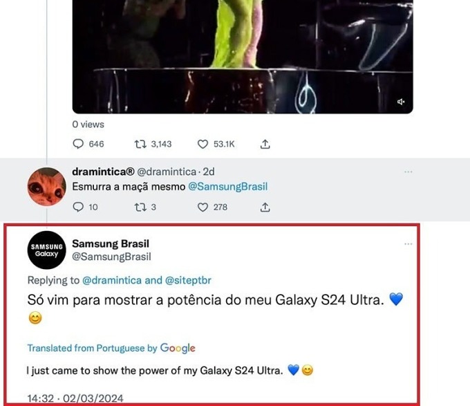 Samsung Brazil khen ngợi video khi cho biết nó được quay bằng Galaxy S24 Ultra. Ảnh: PhoneArena.