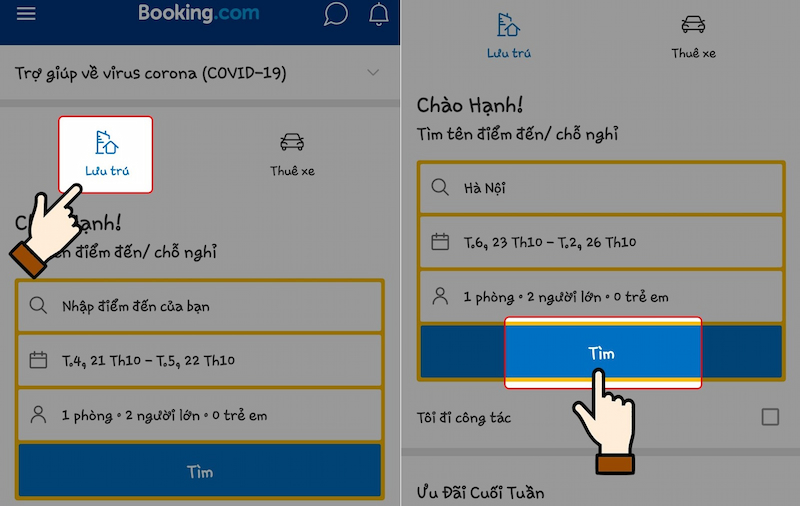 Tìm phòng trên ứng dụng Booking