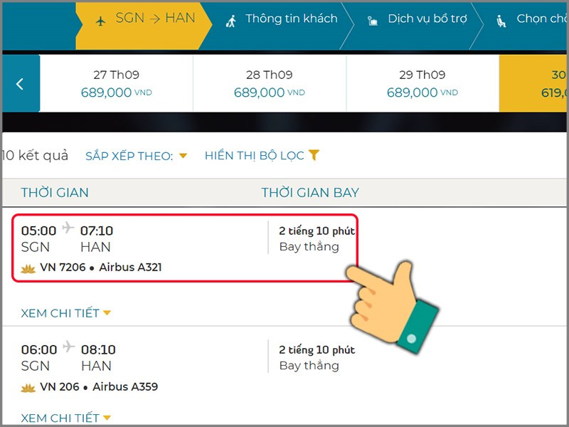 Xem thông tin và chọn chuyến bay mong muốn