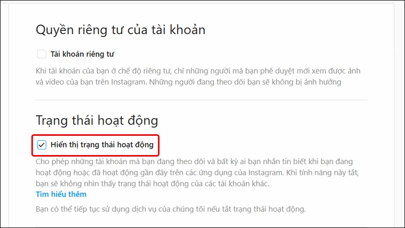 Hiển thị trạng thái hoạt động Instagram trên máy tính