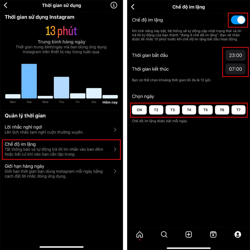 Đặt thời gian kích hoạt chế độ im lặng trên Instagram