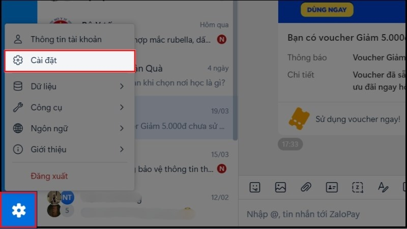 Chọn cài đặt trong giao diện Zalo trên máy tính