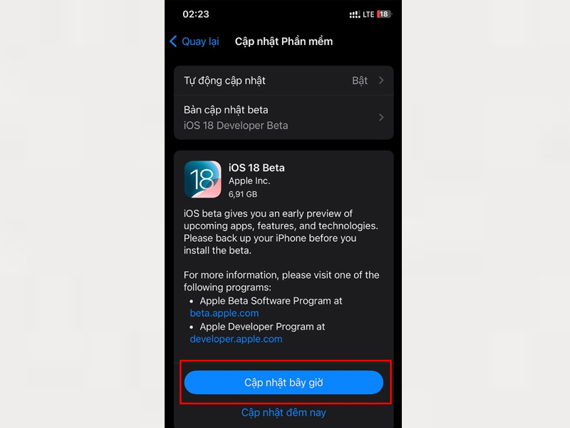 Chọn Cập nhật ngay để tải và cài đặt iOS 18 Beta cho iPhone của bạn