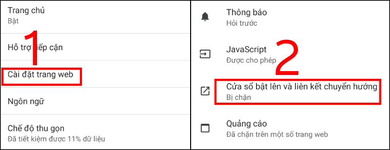 Chọn cài đặt trang, cửa sổ bật lên và chuyển hướng