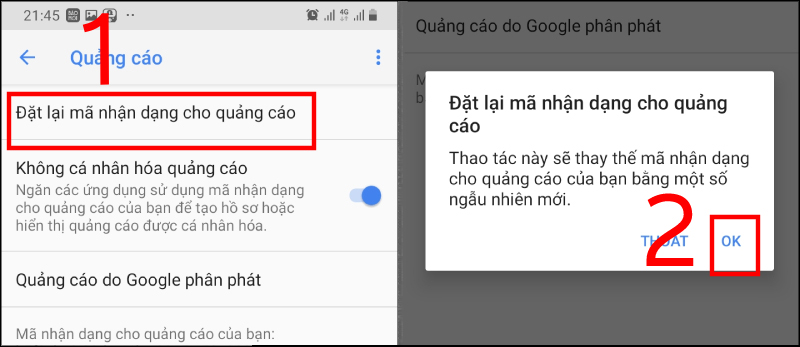 Chọn Đặt lại mã nhận dạng quảng cáo và nhấn OK