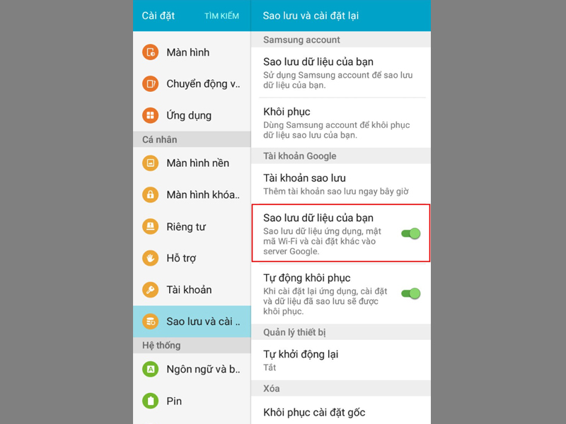 Chọn Sao lưu & cài đặt và nhấp vào Sao lưu dữ liệu