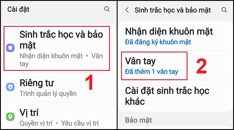 Chọn Sinh trắc học & Bảo mật, sau đó chọn Dấu vân tay