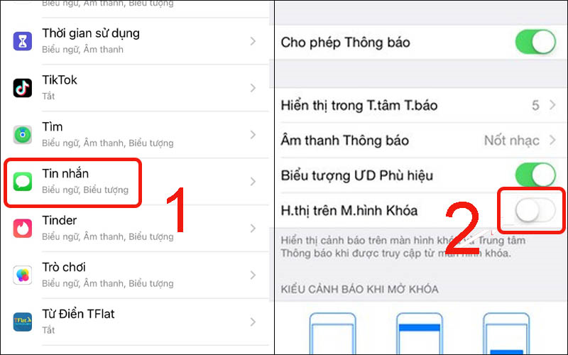 Chọn Tin nhắn và tắt Hiển thị trên màn hình khóa 