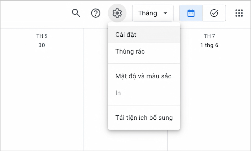 Chọn cài đặt trên Lịch Google