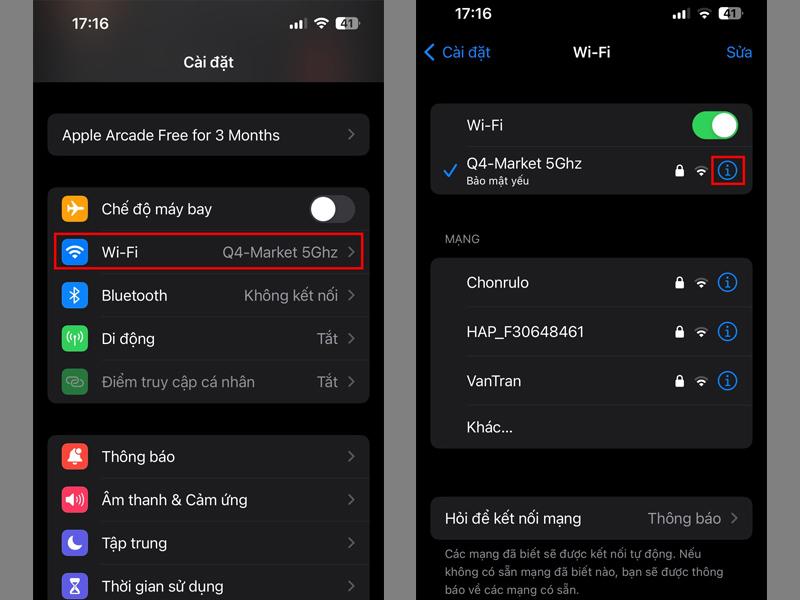 Chọn Wi-Fi và nhấp vào biểu tượng i